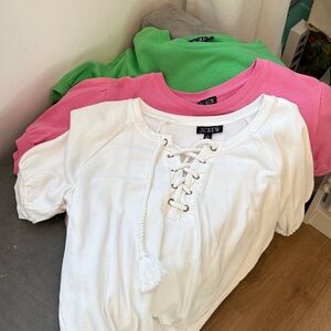 J. Crew lot. 3 short sleeve sweatshirts. Small Pink green and white lace ties.